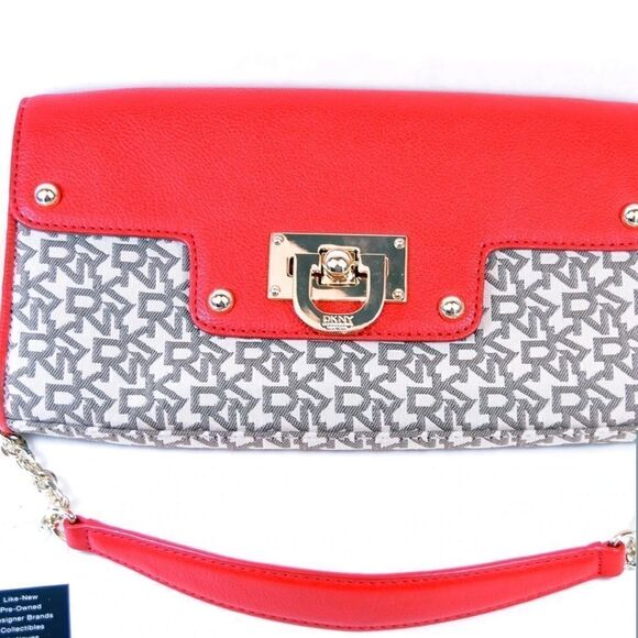 𝅺DKNY Red Monogram Clutch Shoulder Bag Purse - Picture 4 of 7